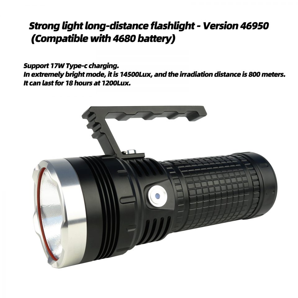 Black aluminum alloy flashlight with handle. Strong light long-distance. Version 46950. Compatible with 4680 battery.